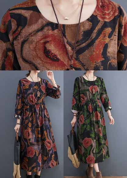 Green O-neck Print Cotton Long Dress Long Sleeve