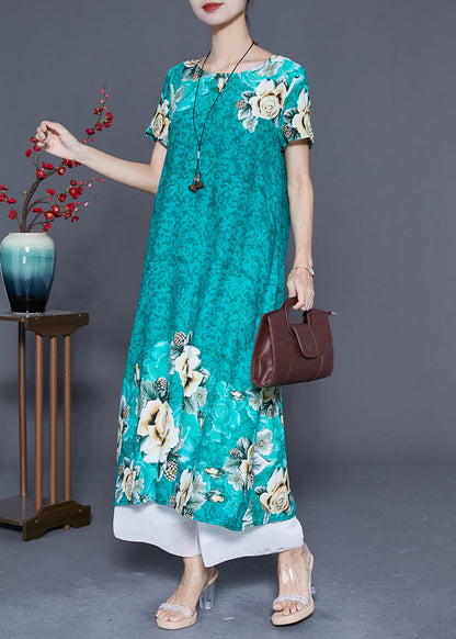 Green O-neck Print Cotton Robe Dresses Summer