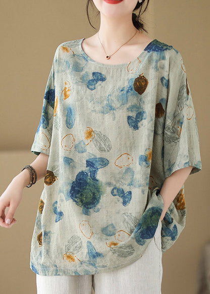 Green O-neck Print Cotton Tops Summer