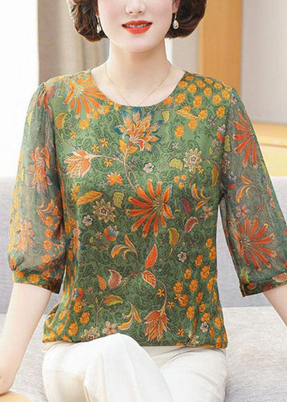 Green O Neck Print Patchwork Chiffon Tops Summer