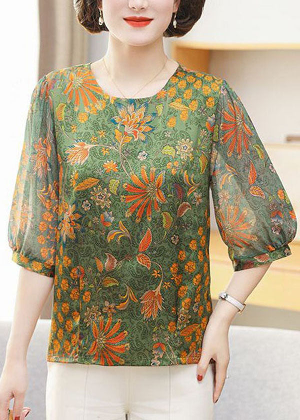Green O Neck Print Patchwork Chiffon Tops Summer