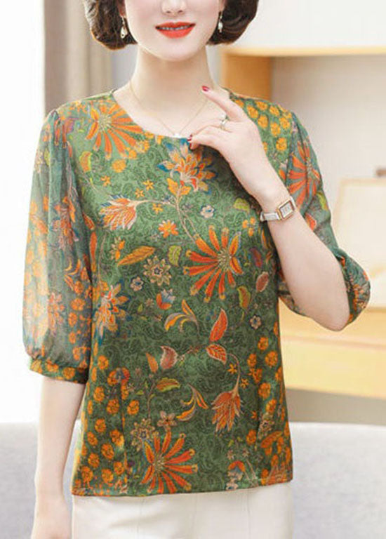 Green O Neck Print Patchwork Chiffon Tops Summer