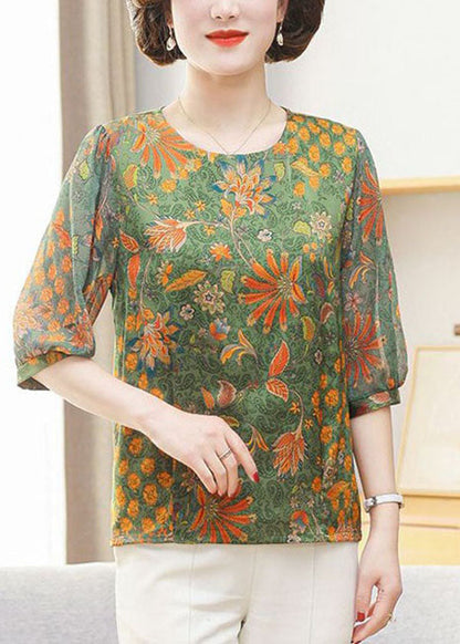Green O Neck Print Patchwork Chiffon Tops Summer
