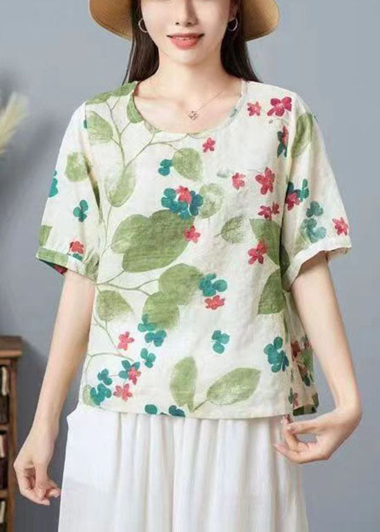 Green O Neck Print Patchwork Cotton T Shirt Top Summer
