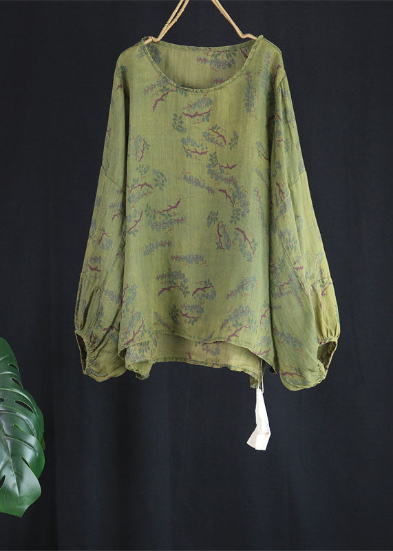 Green O Neck Print Patchwork Linen Top Lantern Sleeve
