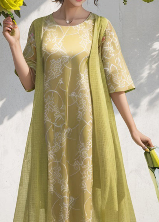 Green O Neck Print Patchwork Silk Dresses Summer