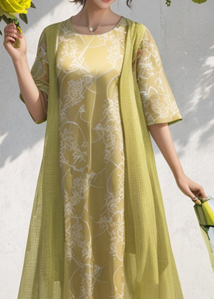 Green O Neck Print Patchwork Silk Dresses Summer