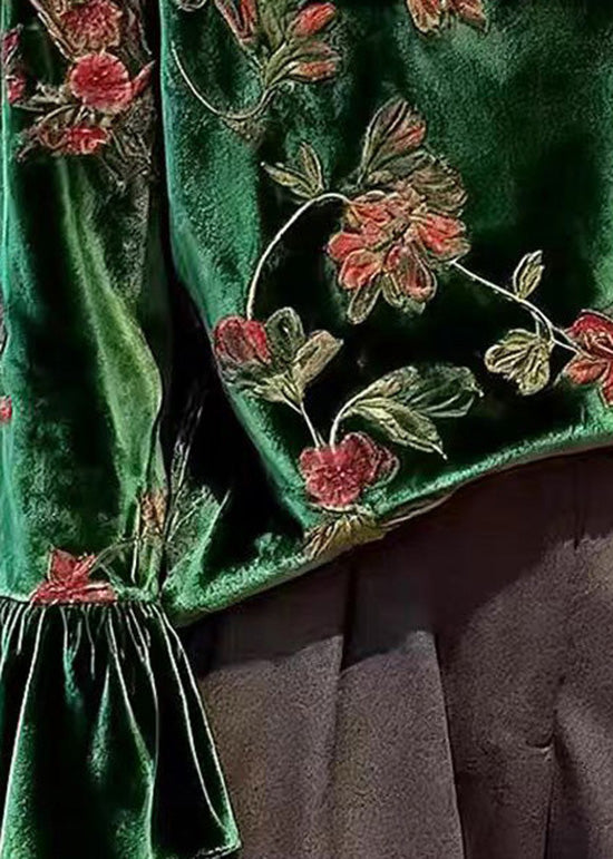 Women Green O Neck Print Patchwork Velour Blouses Spring