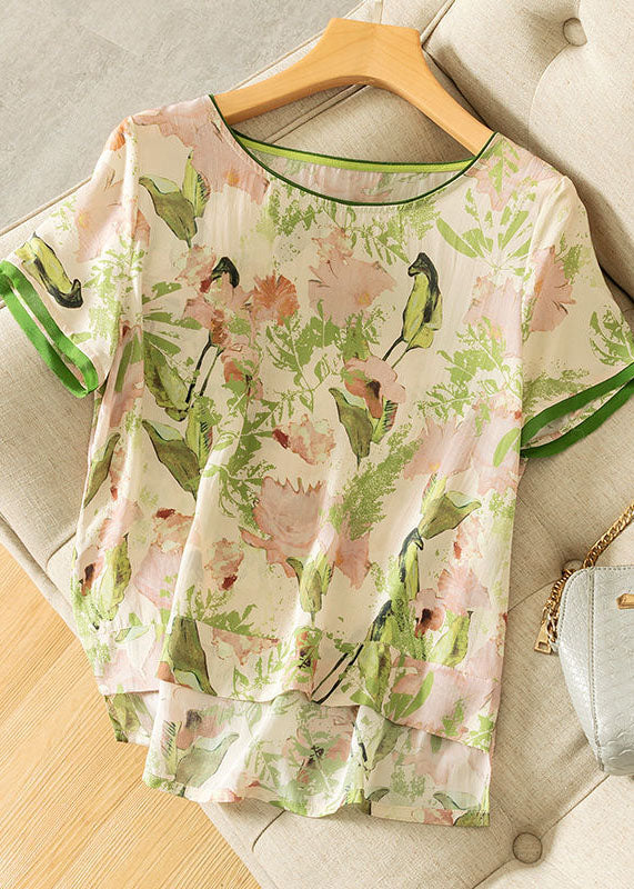 Green O Neck Print Silk T Shirts Short Sleeve
