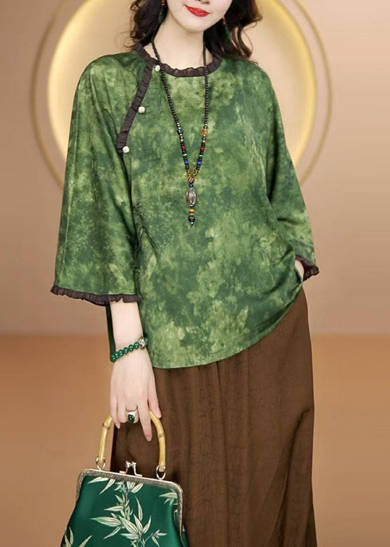 Green O Neck Ruffled Patchwork Silk Shirt Bracelet Sleeve