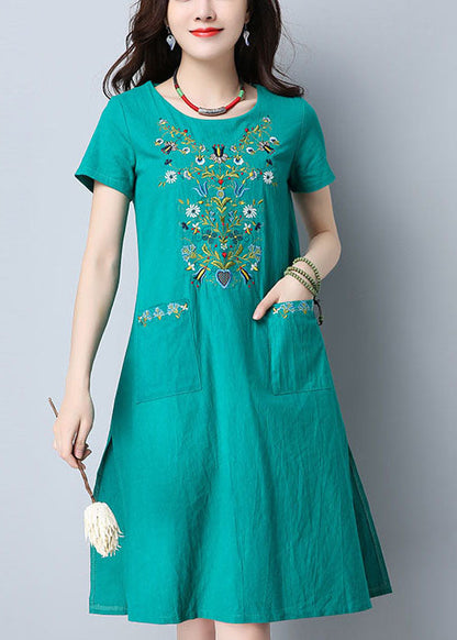Green O-neck Side Open Embroideried Pockets Cotton Dresses Short Sleeve