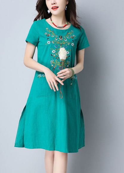 Green O-neck Side Open Embroideried Pockets Cotton Dresses Short Sleeve