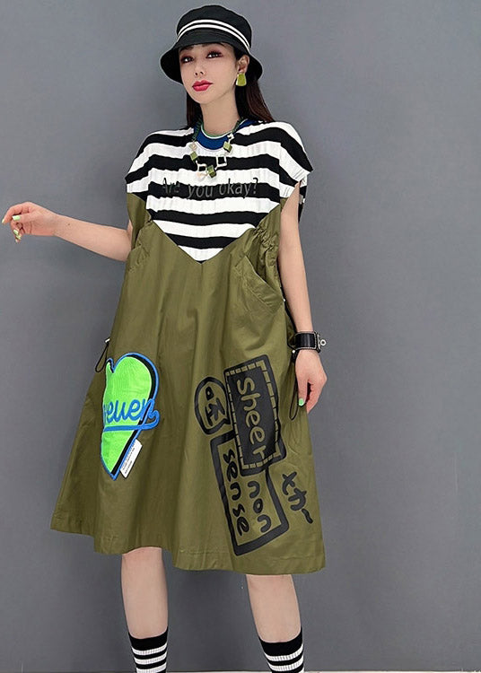 Green O-neck Striped Patchwork Print Pockets Dresses Short Sleeve