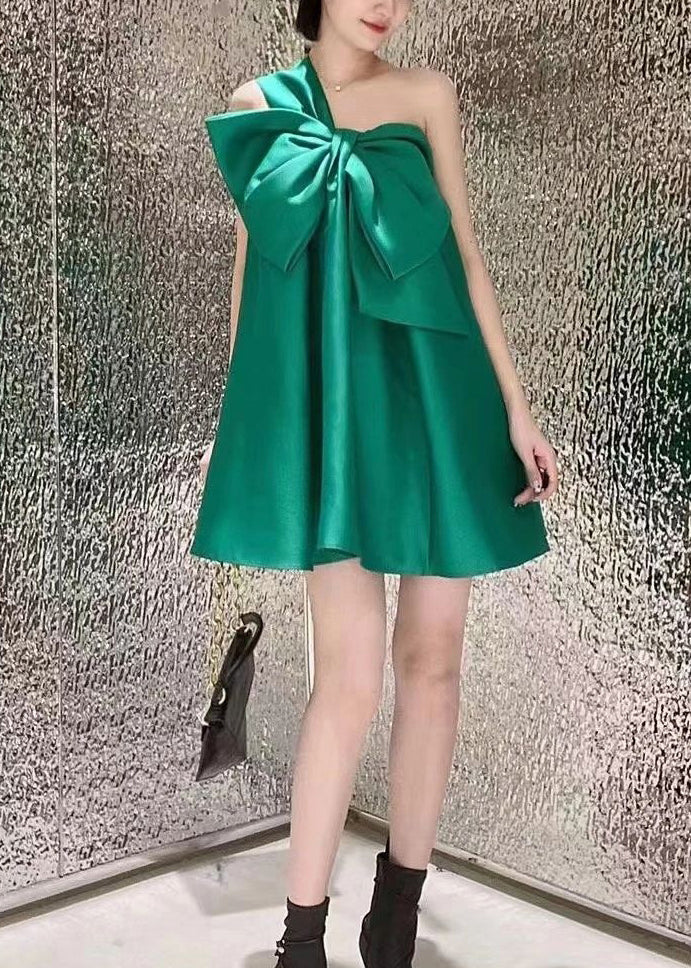 Green One Shoulder Bow Satin Party Dress Summer
