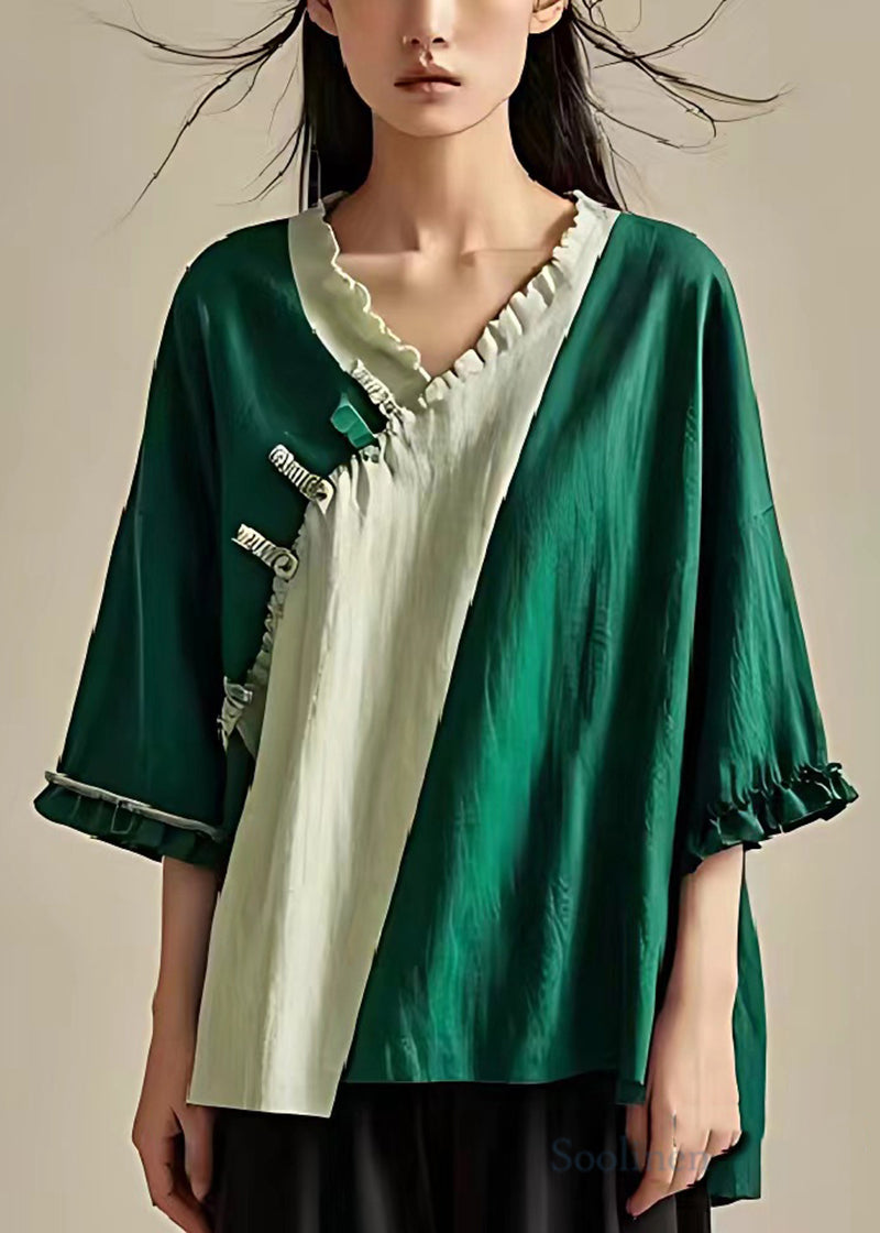 Green Oversized Patchwork Ruffled Linen Shirt Summer