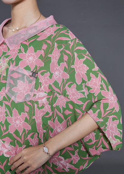 Green Oversized Print Chiffon Tops Batwing Sleeve