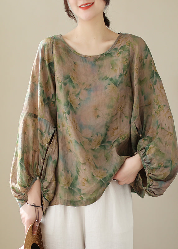 Green Oversized Print Cotton Blouse Top Fall