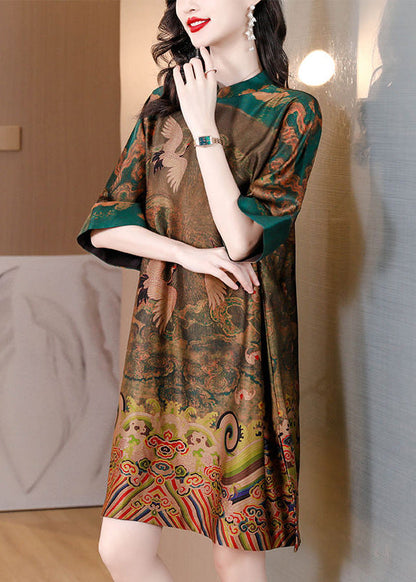 Green Oversized Print Silk Chinese Style Dress Half Sleeve