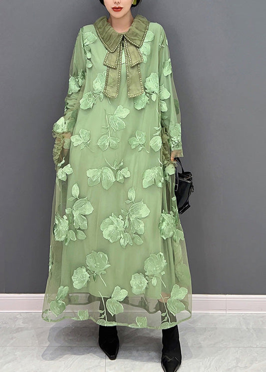 Green Peter Pan Collar Embroideried Patchwork Tulle Long Dresses Long Sleeve