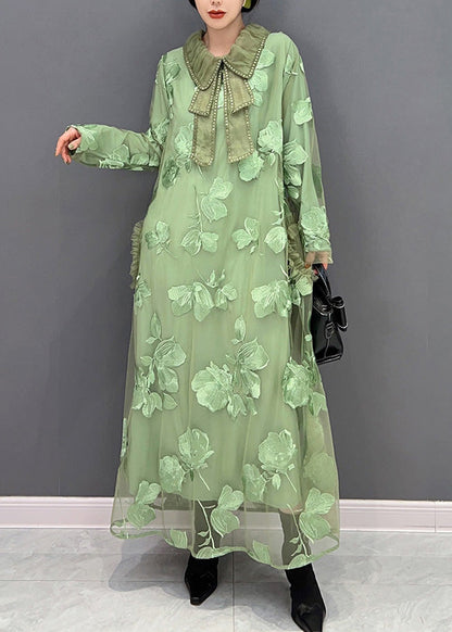 Green Peter Pan Collar Embroideried Patchwork Tulle Long Dresses Long Sleeve