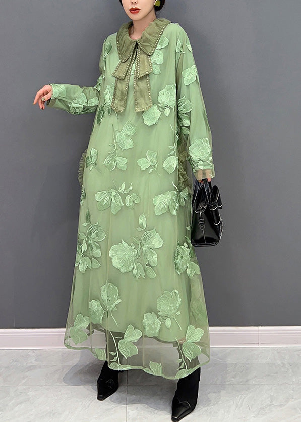 Green Peter Pan Collar Embroideried Patchwork Tulle Long Dresses Long Sleeve