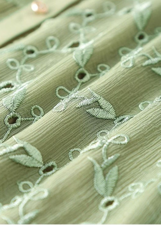 Green Peter Pan Collar Embroideried Patchwork Wrinkled Silk Long Dresses Long Sleeve