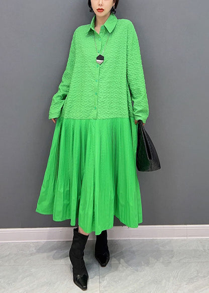 Green Peter Pan Collar Patchwork Jacquard Pleated Dress Spring