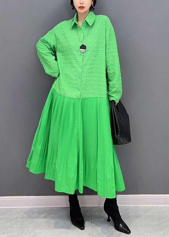 Green Peter Pan Collar Patchwork Jacquard Pleated Dress Spring