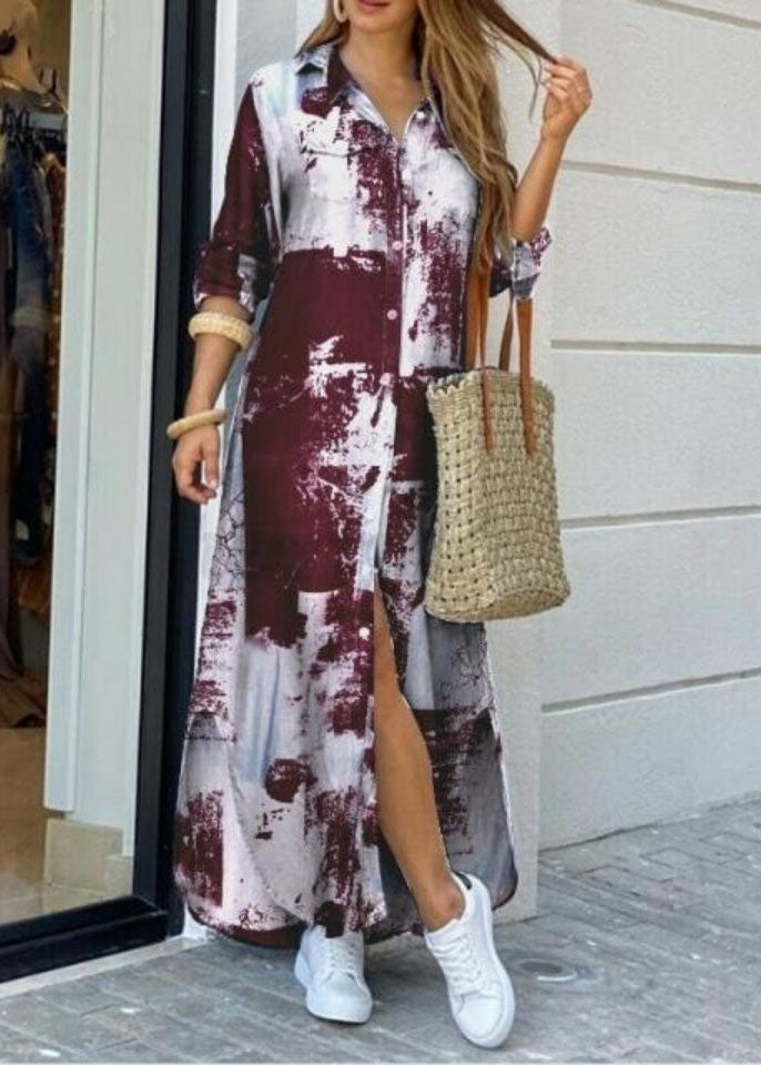 Green Peter Pan Collar Tie Dye Chiffon Shirts Dresses Long Sleeve