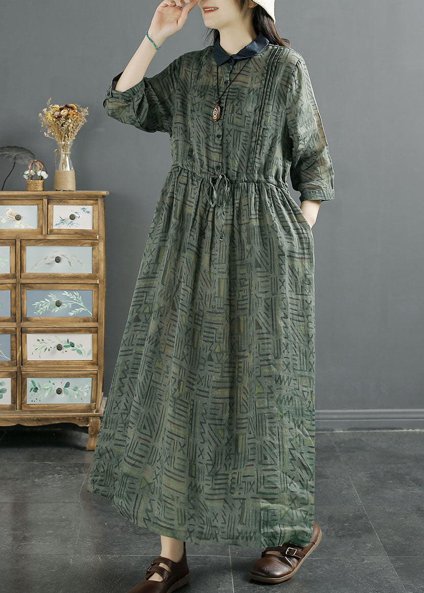 Green Peter Pan Collar Wrinkled Print Patchwork Linen Dress Summer