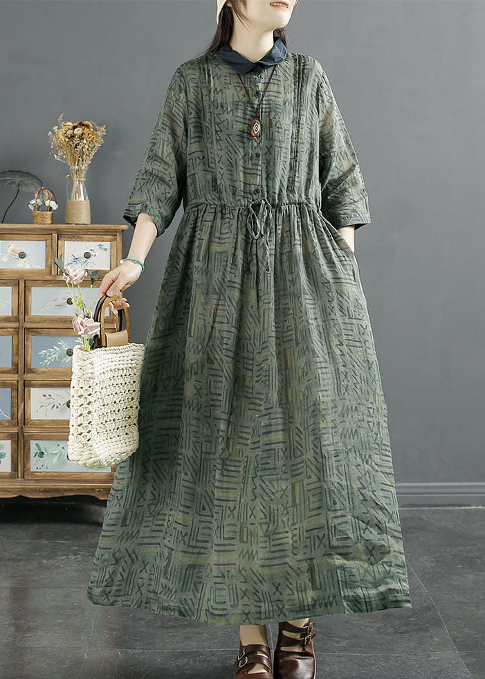 Green Peter Pan Collar Wrinkled Print Patchwork Linen Dress Summer