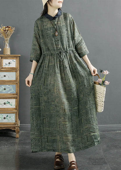 Green Peter Pan Collar Wrinkled Print Patchwork Linen Dress Summer