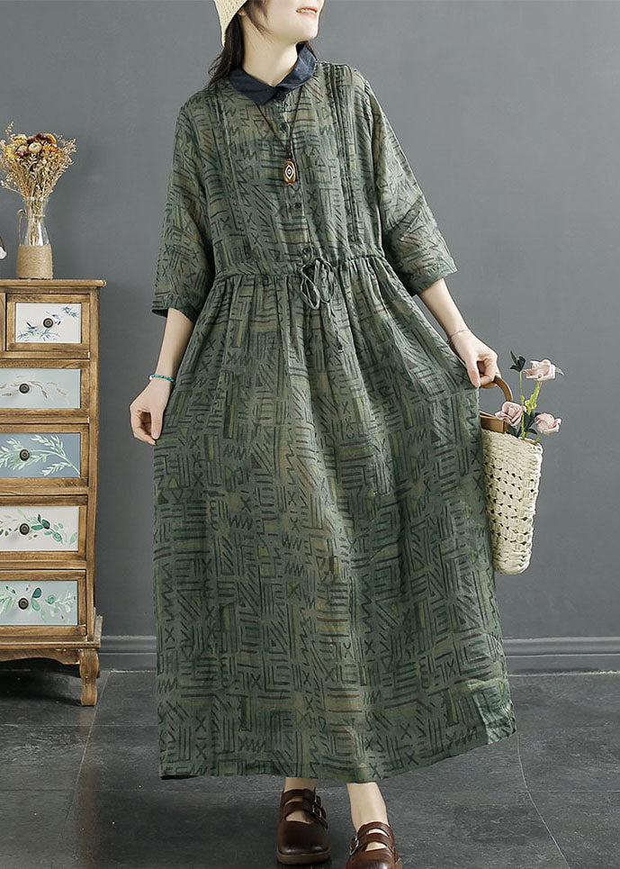 Green Peter Pan Collar Wrinkled Print Patchwork Linen Dress Summer