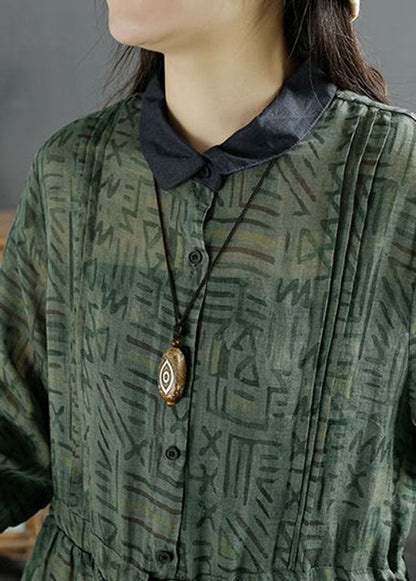 Green Peter Pan Collar Wrinkled Print Patchwork Linen Dress Summer