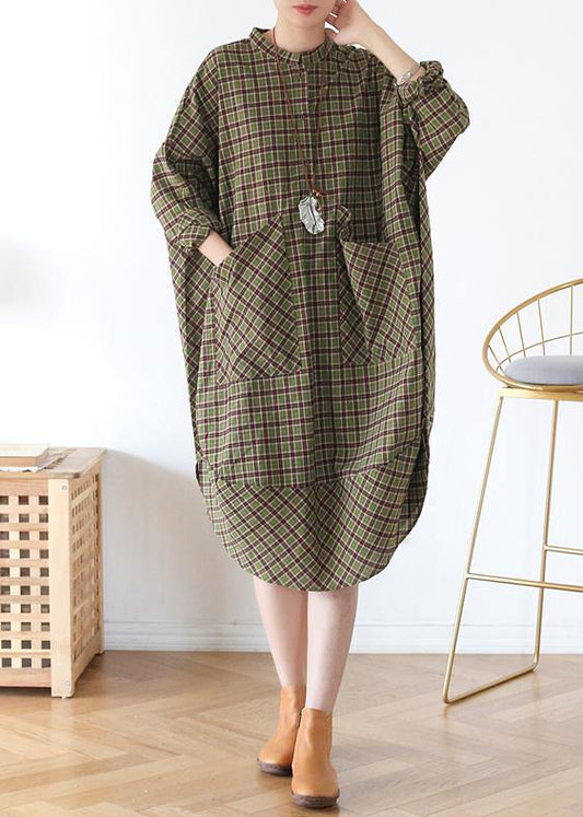Green Plaid Long Shirt Mid Spring Cotton Dress