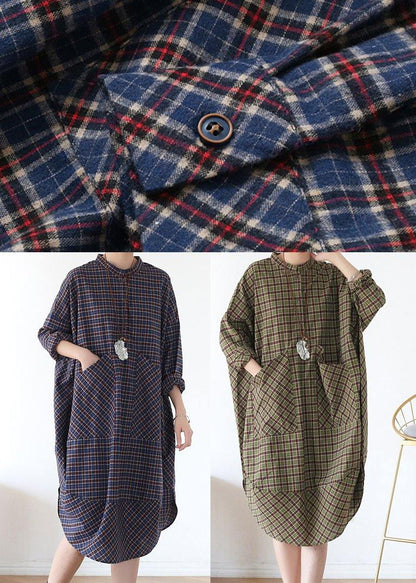 Green Plaid Long Shirt Mid Spring Cotton Dress