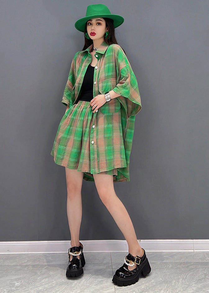 Green Plaid Pockets Cotton Linen Loose Shirt and Shorts Two Pieces Set Summer