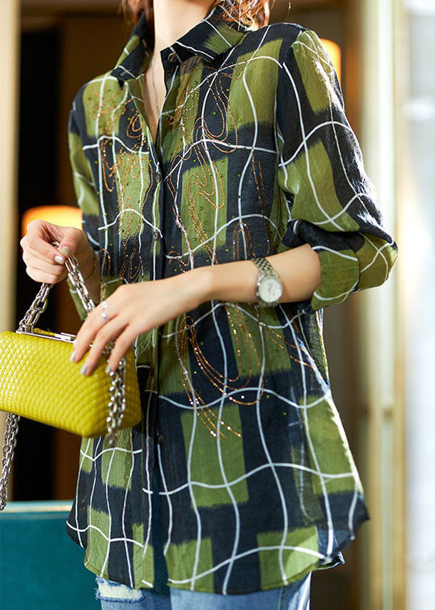 Green Plaid Zircon Patchwork Cotton Blouses Spring