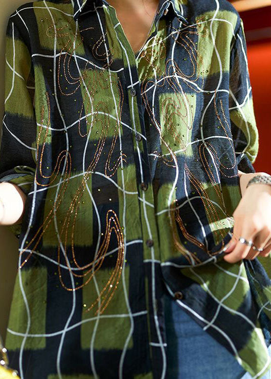 Green Plaid Zircon Patchwork Cotton Blouses Spring