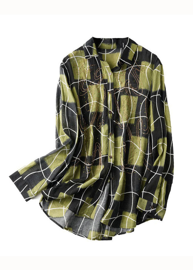 Green Plaid Zircon Patchwork Cotton Blouses Spring