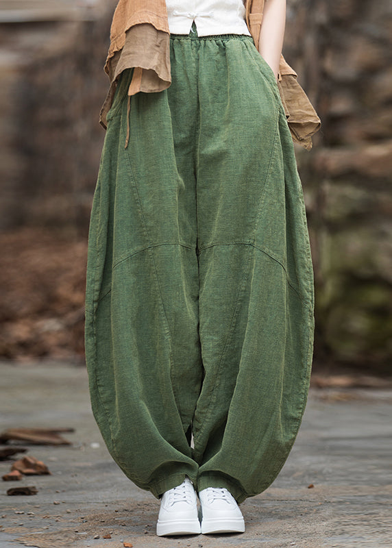 Green Pockets Elastic Waist Patchwork Linen Pants Fall