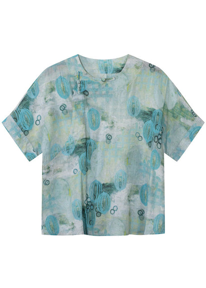 Green Print Linen Blouse Tops Short Sleeve
