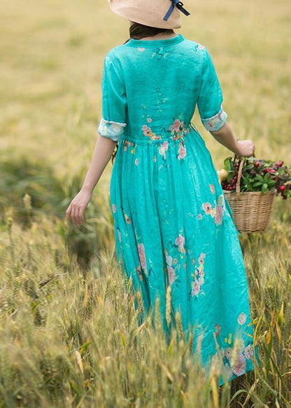 Green Print Robes Patchwork Drawstring Robe Spring Dress