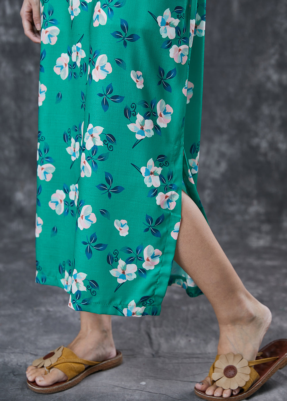 Green Print Side Open Cotton Long Dresses Spring