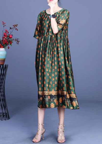Green Print Silk Cinched Dress Summer