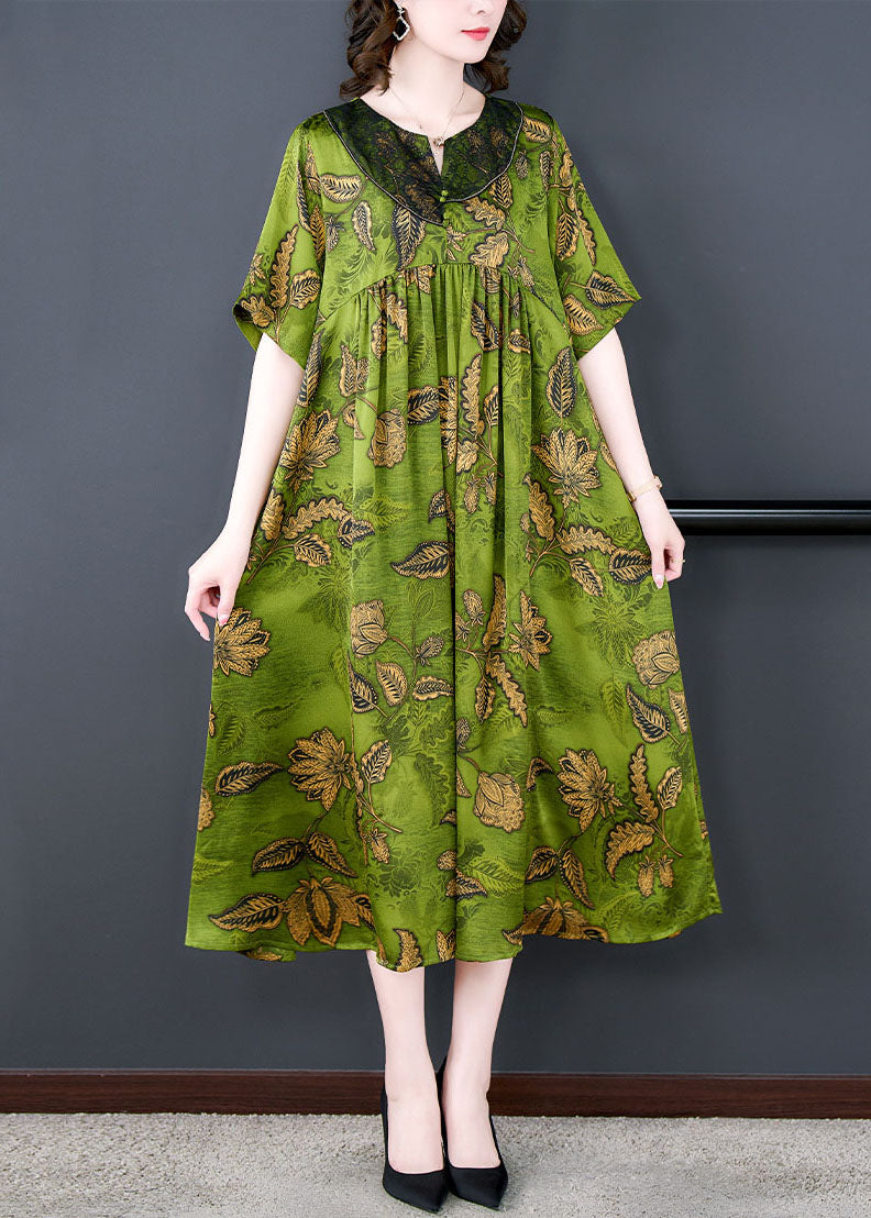 Green Print Wrinkled Patchwork Silk Long Dress Summer