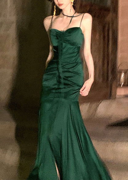 Green Slash Neck Cinched Patchwork Satin Maxi Fishtail Dress Summer