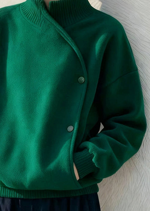Green Stand Collar Button Pockets Cotton Sweatshirt Winter