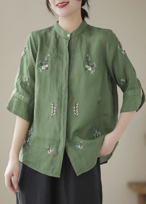 Green Stand Collar Embroideried Patchwork Linen Tops Summer