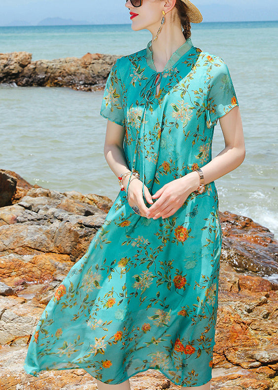 Green Stand Collar Lace Up Print Silk a Line Dress Short Sleeve